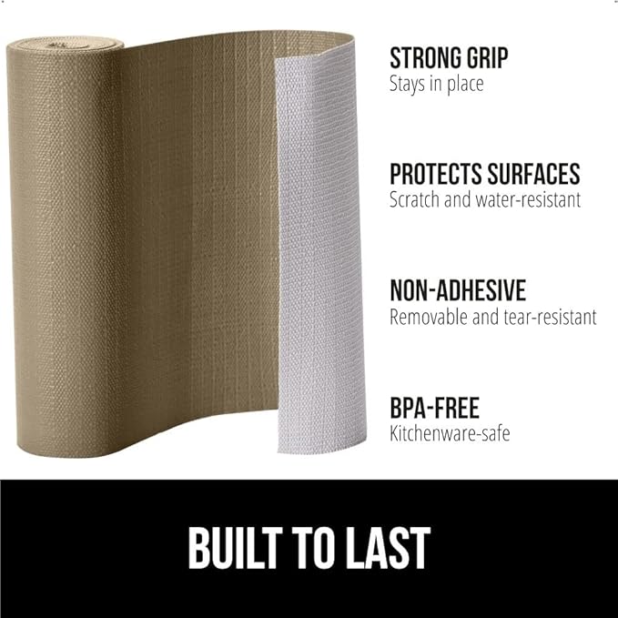 GORILLA GRIP DripGuard Shelf Liner, Non Adhesive Drawer and Kitchen Cabinet Protector, Slip Resistant BPA Free Smooth Surface Plastic Liners for Cabinets, Bathrooms, Closets, 17.5x240 Inch, Beige