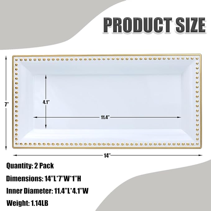 Leemxiiny 2 Pack White Bathroom Vanity Tray for Countertop with Beads, Small Plastic Toilet Tank Tray Versatile Storage Organization Tray for Makeup, Perfume, Desk, Kitchen, Candles, 14"x7"x1", 36W
