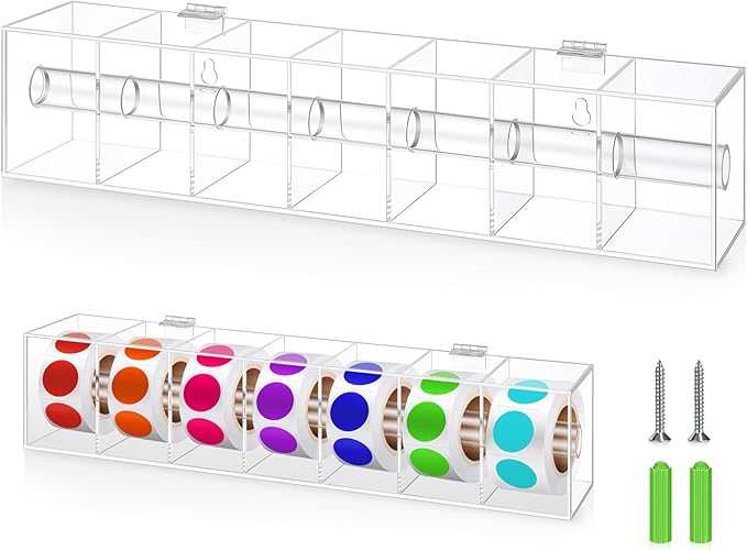 Day of The Week Sticker Dispenser 2.17" Square Acrylic Sticker Roll Holder Covered Label Dispenser Wall Mount 7 Slot Holder for Office Desktop Stickers, Clear, Single Layer(No Label)