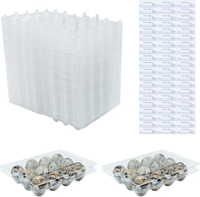 Quail Egg Cartons 60 Packs, Clear Eco-friendly Plastic Blank Egg Cartons with Free Labels, Holds up to 12 Quail Eggs Securely, Perfect for Family Pasture Farm Markets Display - Small