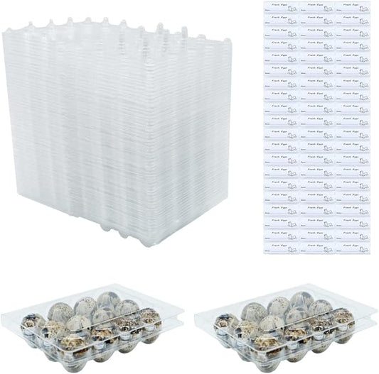 Quail Egg Cartons 60 Packs, Clear Eco-friendly Plastic Blank Egg Cartons with Free Labels, Holds up to 12 Quail Eggs Securely, Perfect for Family Pasture Farm Markets Display - Small