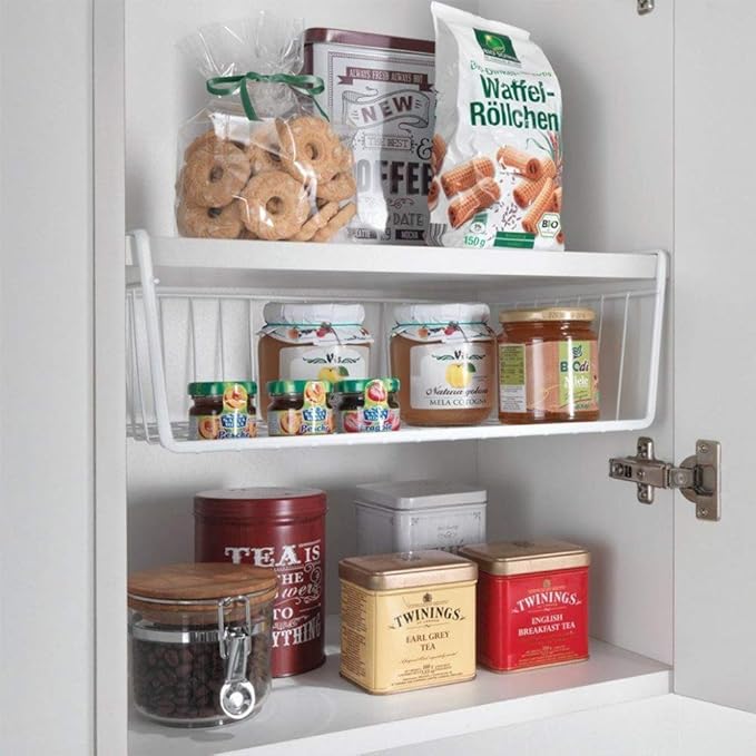 Modern Home Under Shelf Wire Storage Baskets – Hanging Organizer Rack for Cabinet, Pantry, or Closet – White Metal Basket for Kitchen, Towels, or Office – No Tools Required (Set of 4)