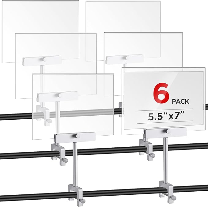 6 Set 5.5 x 7 Inch Aluminum Alloy Retail Sign Holder with Clamp Acrylic Frame Clothing Rack Clip on Sign Holder for Retail Stores Price Card Display(Silver)