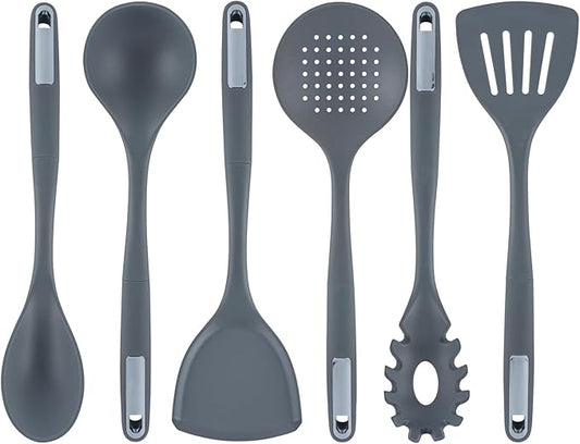 Restaurantware Silicone Utensil Set Pack of 1 Non-Slip Handle 6-Piece Kitchen Tool Set, Heat-Resistant Dishwasher-Friendly Cooking Accessories, Durable Gray Cooking Utensils