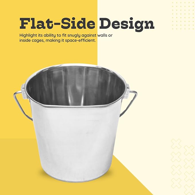 Flat Sided Stainless Steel Bucket, 1 Quart (0.25 Gallon) Hanging Feeding Pail for Small Pet Dogs Cats Birds, Fits Kennels Cages Compatible, Heavy Duty Food & Water Feed, 5" Silver Buckets
