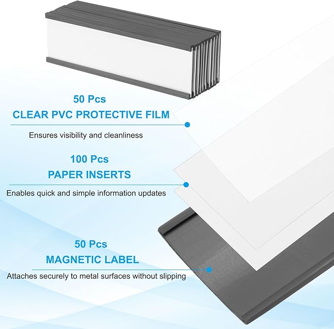 PATIKIL Magnetic Label Holder 4" x 1.2" with Paper Inserts, 50 Pcs C Channel Magnetic File Cabinet Labels Shelf Data Card Holder Signs for Metal Racks Shelves Whiteboard Tool Box