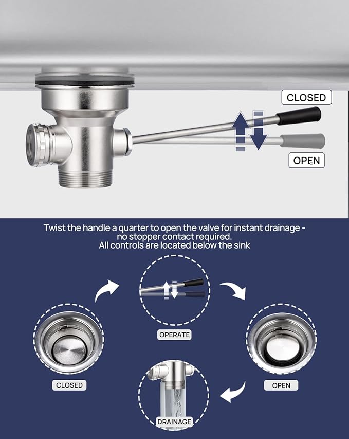 3-1/2" Commercial Sink Drain with Straight Lever Handle, Waste Drain Valve with Overflow Inlet for Restaurant 2/3 Compartment Sink, Easy Controll, Block-free and Leakproof