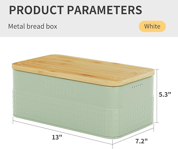 Bread Box for Kitchen Countertop,Metal Bread Storage Bin with Bamboo Cutting Board Lid, Includes Bread Knife, Fits Sourdough & Buns, Stylish Organize (Green)
