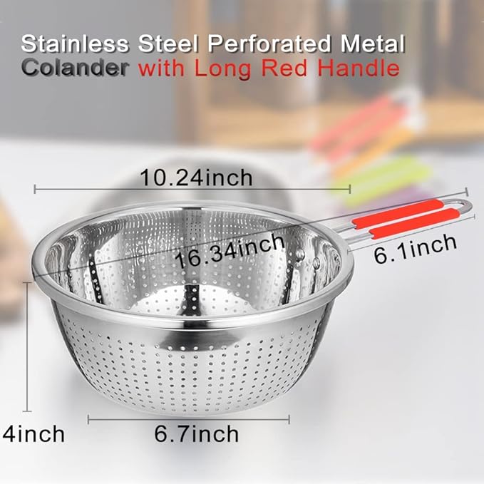 Contiup Stainless Steel Perforated Metal Colander Strainer with Long Red Handle Sieve Sifters Use for Kitchen Food Pasta Noodles Spaghetti Vegetables Silver - 10.24 inch (C072-Mer-26)