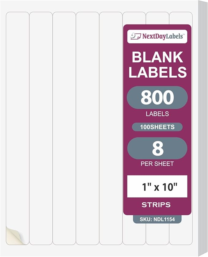 NextDayLabels 1x10 Inch Strip Stickers White Blank Labels for Laser Inkjet Printer - 8 Per Sheet Self-Adhesive Unique Size Label Made in USA - 800 Labels