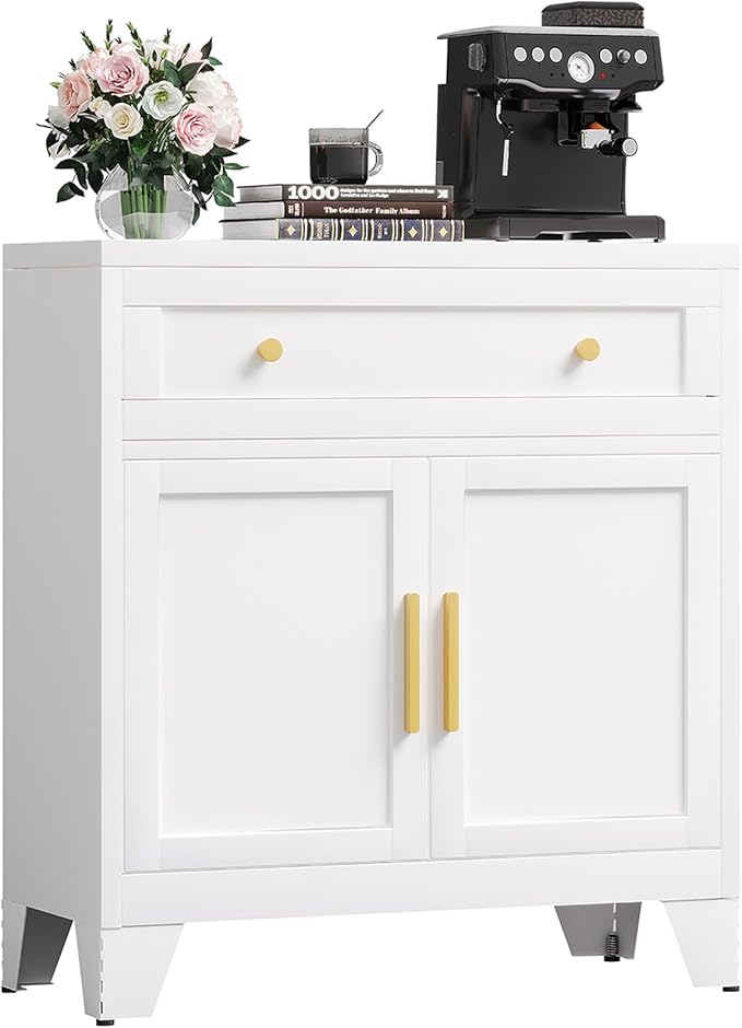 YAUWOH Metal Sideboard Cabinet with Big Drawers,Farmhouse Coffee Bar with One Adjustable Shelves,Buffet Cabinet,Metal Storage Cabient for Kitchen, Dining Room, Entryway, White