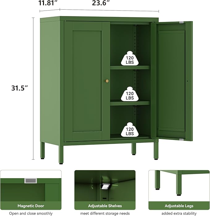 Small Metal Cabinet, Storage Cabinet with 2 Adjustable Shelves and 2 Doors,Freestanding Sideboard for Small Spaces, Living Room, Home Office, Dining Room(1PC,Forest Green)