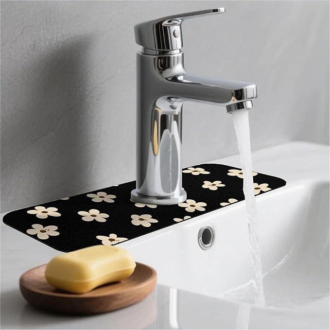 Kitchen Sink Splash Guard，Cream flowers Faucet Mat Sink Gadgets-Super Absorbent Fast Drying Mat Drip Catcher for Kitchen, Bathroom,Sink Mat, Dish Drying Mat, Bathroom(15" X 5.5" )