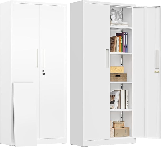Greenvelly Metal Cabinet, 63”Tall Kitchen Pantry Storage Cabinets with 2 Lock Doors and 4 Adjustable Shelves,White Kitchen Cabinet Storage for Dinning Room,Garage,Office