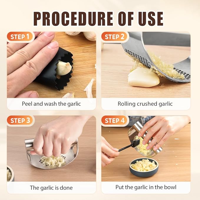 2026 New Heavy Duty Stainless Steel Garlic Press - Garlic Crusher Tool with Peeler and Cleaning Brush, Essential Kitchen Gadgets for Garlic Lovers (1 set)