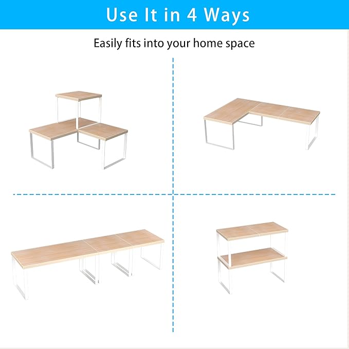 Golener Countertop Organizer Corner Shelf, 2 Tier Adjustable Stackable Corner Shelves for Kitchen, Bathroom, Spice Rack, Coffee Bar, Cabinet, Dresser Table, Corner Counter Shelf Stand, Natural Beige
