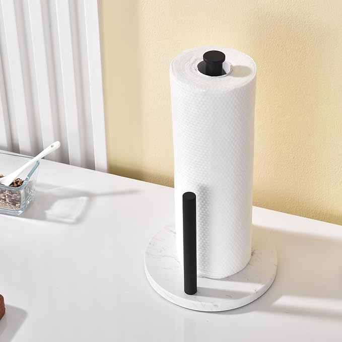 Hoooh Matte Black Paper Towel Holder Countertop with Non-Slip Marble Base - Rust-Resistant Stainless Steel, Freestanding for Kitchen Organization
