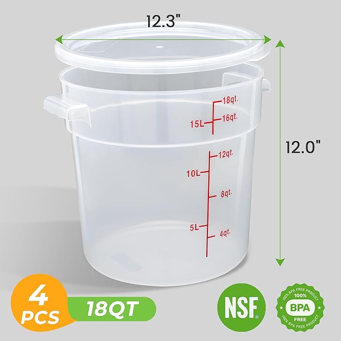 BIEAMA 4 Pack Round Food Storage Containers with Lids, 18Qt Translucent Commercial Food Container, Polypropylene, BPA Free, Includes Labels & Measuring Cups