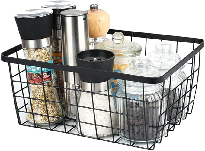 Aeggplant Kitchen Metal Wire Baskets with Handles Food Storage Organizer, Household Refrigerator for Cabinets,Pantry,Bathroom,Black,4 Pack