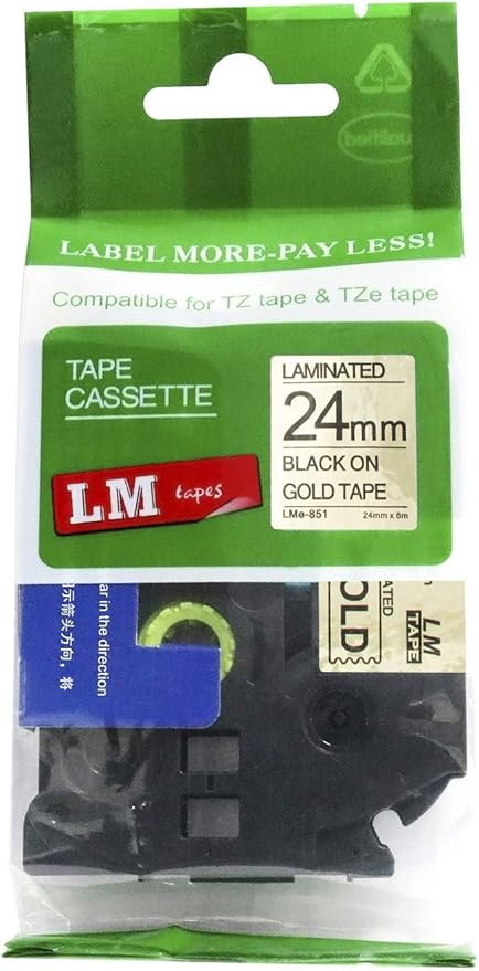 1/Pack LM Tapes - LMe851 Premium 1" Black Print on Gold Label Compatible with Brother TZe-851 P-Touch and Includes Tape Color/Size Guide. Replaces TZ-851 24mm 0.94 Laminated Ptouch.