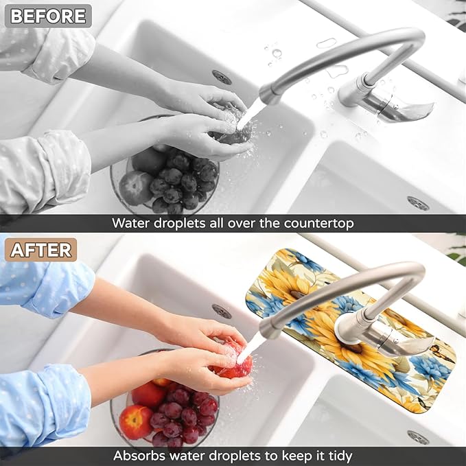 Sunflower Blue Bloom Kitchen Faucet Mat Splash Guard, 15.4”x5.7” Absorbent Quick Drying Sink Mat for Countertop Protection, Draining Mat Sink Protectors For Kitchen Bathroom, 2 Pack