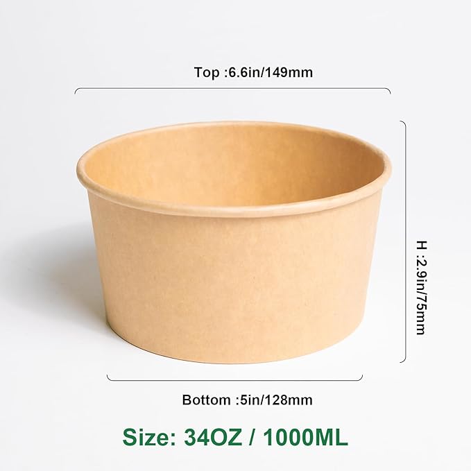 ganfaner 74 Pk Disposable Paper Round Bowls【No Lid】 34 oz, Microwave Deli Containers Leakproof, Salad Dressing Container for Lunch, Sturdy for Soup Toppings Snack Camping Family
