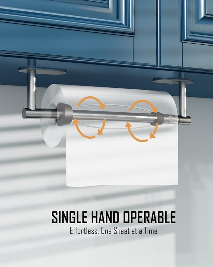 BATHDANCE Paper Towel Holder Under Cabinet, Single Hand Operable Roll Holder with Damping Effect,No Drilling or Wall Mounted SUS304 Stainless Steel for Kitchen Bathroom (Sliver)