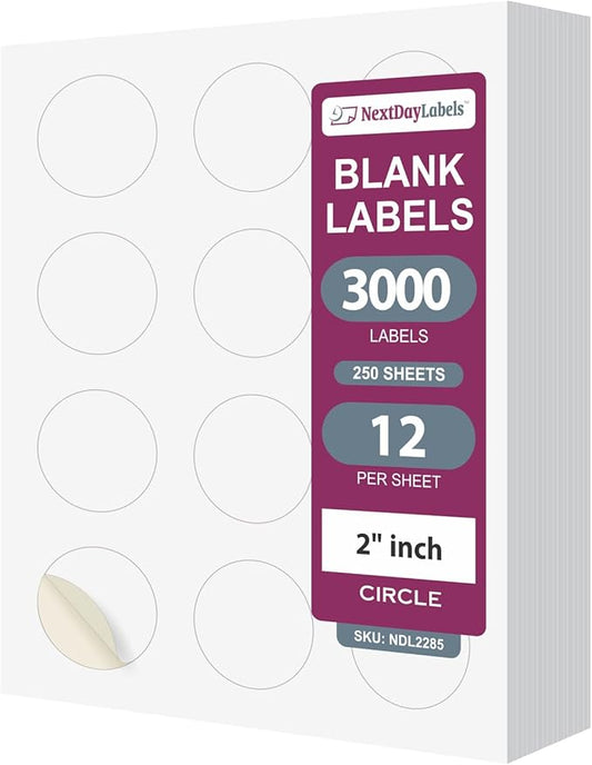 NextDayLabels 2 Inch Round Circle Stickers White for Bleeds Laser Inkjet - 12 Per Sheet Self-Adhesive Candle Jar Product Lids Made in USA - 3000 Labels
