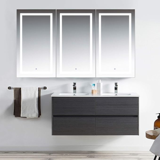 Krugg LED Medicine Cabinet 72 Inch X 42 Inch | Recessed or Surface Mount Mirror Cabinet w/Dimmer & Defogger + 3X Makeup Mirror Inside & Outlet + USB(Left Left Right)