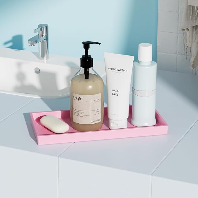 Mriluvy Vanity and Bathroom Tray, 9.8" ABS Countertop Organizer,Waterproof Vanity Tray for Toilet Tank,Perfume,Soap,Keys,Bathroom Accessories,Kitchen and Bath Trays,Non Slip Small Trays,Pink