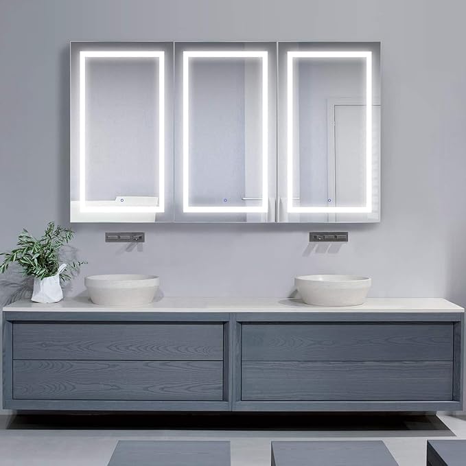 Krugg LED Medicine Cabinet 72 Inch X 42 Inch | Recessed or Surface Mount Mirror Cabinet w/Dimmer & Defogger + 3X Makeup Mirror Inside & Outlet + USB(Left Left Right)