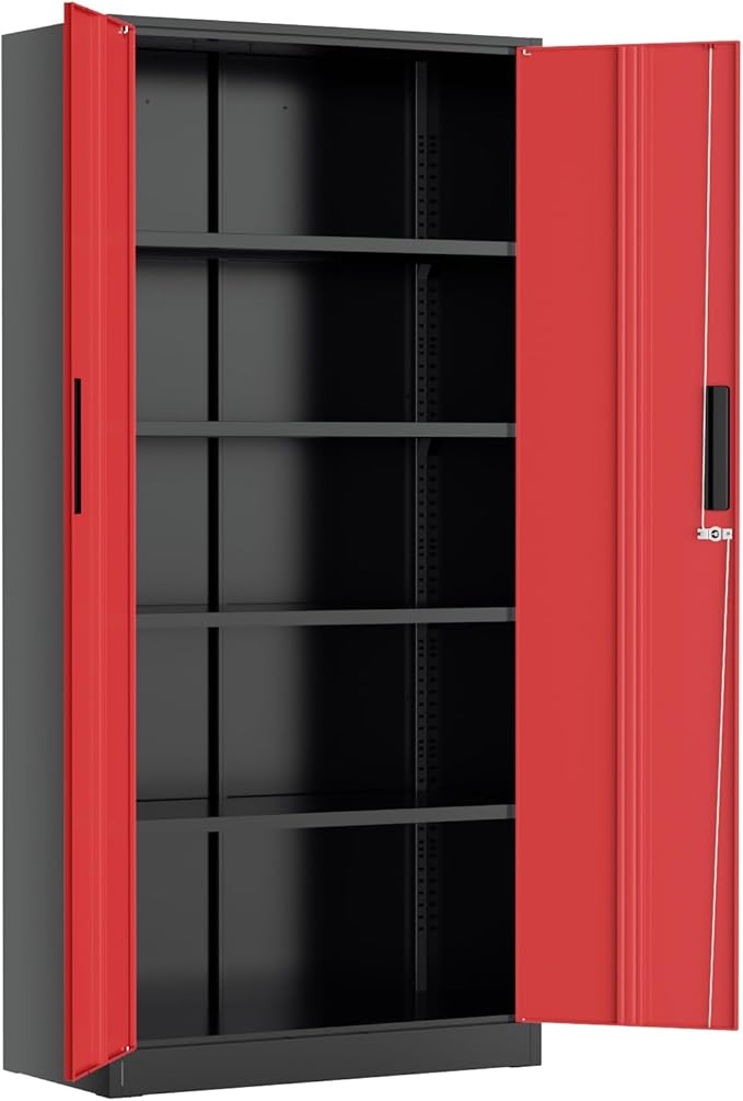 Greenvelly Metal Lockable Storage Cabinet, 72” Storage Cabinet with 2 Doors and 4 Adjustable Shelves for Office, Home, Garage, Pantry (Assembly Required, Black Red)