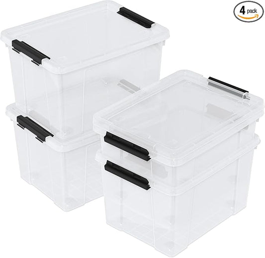 Morcte 4-Pack Clear Plastic Storage Box with Lid and Wheel, 50 L Large Plastic Storage Boxes