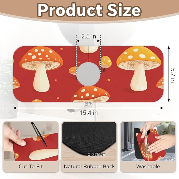 1 PC 15.4*5.7 Inch Absorbent Faucet Mat for Kitchen Sink Diatom Mud Tailored Sink Splash Guard for Bathroom Kitchen Red Mushroom