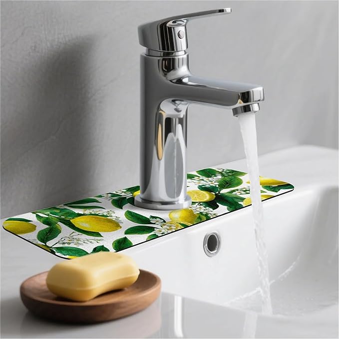 Kitchen Sink Splash Guard，vintage Lemon Tree Faucet Mat Sink Gadgets-Super Absorbent Fast Drying Mat Drip Catcher for Kitchen, Bathroom,Sink Mat, Dish Drying Mat, Bathroom(15" X 5.5" )