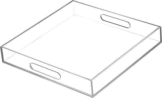 BEYLANG Clear Sturdy Acrylic Serving Tray with Handles-12x12 Inch-Serving Coffee,Appetizer,Breakfast,Butler-Kitchen Countertop Makeup Drawer Organizer-Vanity Table,Ottoman Tray