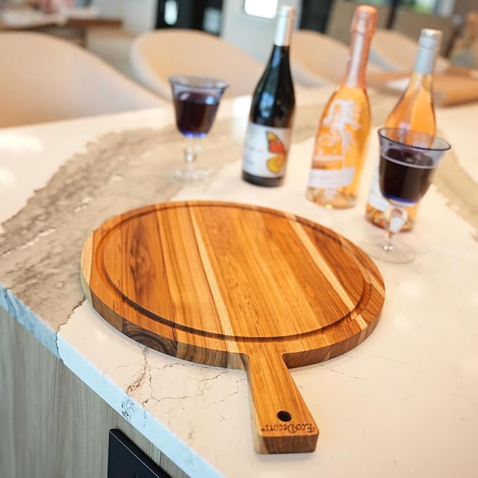 EcoDecors 18" Round Teak Cutting Board with Handle, FSC Certified Solid Wood, Edge Grain with Juice Groove, Carving Board for Kitchen & Brisket