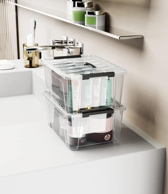 WYT 12 Pack Small 5-Quart Clear Plastic Storage Bins with Lids and Latch Buckles, Storage Organizer Container with Handle