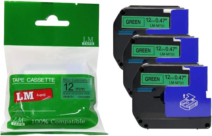 3/Pack LM Tapes - Premium Compatible 1/2" (12mm) Black on Green M Series P-Touch Tape, Replaces M731