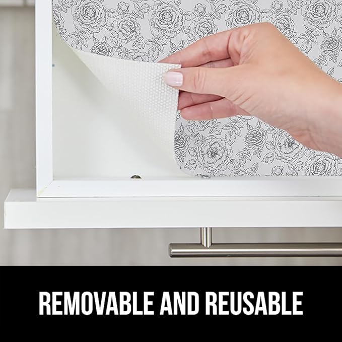 GORILLA GRIP DripGuard Shelf Liner, Non Adhesive Drawer and Kitchen Cabinet Protector, 24x240 Inch, Slip Resistant BPA Free Smooth Surface Plastic Liners for Cabinets, Bathrooms, Closets, Floral Gray