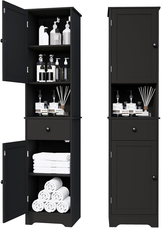 Viaozutis Tall Bathroom Cabinet, Storage Cabinet with 2 Doors & 2Drawer, with Ajustable Shelve, for Bathrooms, Kitchens,Entrances,Bedrooms（Black）