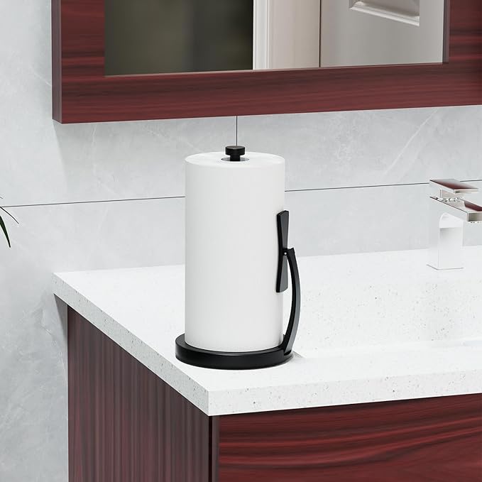 VEHHE Paper Towel Holder Countertop, One-Handed Tear, Stainless Steel, Stand Paper Towel Holder with Spring Activated Arm & Non Slip Weighted Base, for Kitchen Bathroom (Black)