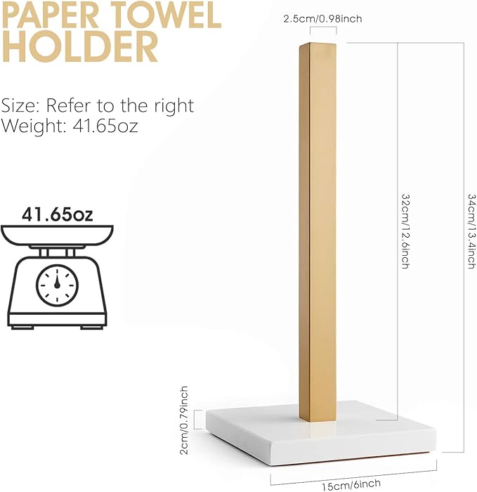 LUTAVOY Paper Towel Holder Kitchen Standing Paper Towel Roll Holder with Marble Base for Bathroom Kitchen Countertop(Gold,White Base KZ20)