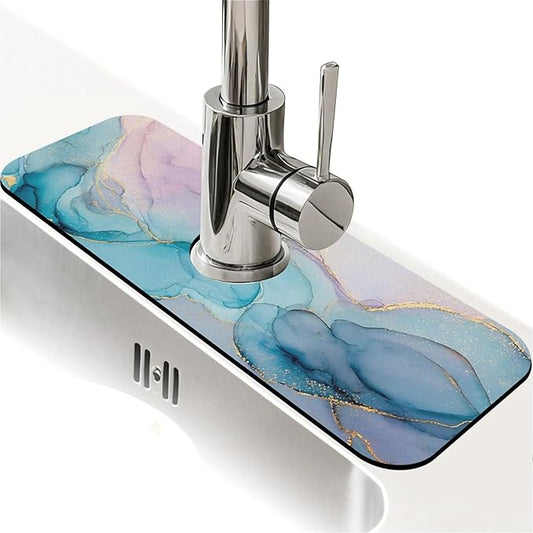 Kitchen Sink Splash Guard，Elegant blue purple alcohol ink Faucet Mat Sink Gadgets-Super Absorbent Fast Drying Mat Drip Catcher for Kitchen, Bathroom,Sink Mat, Dish Drying Mat, Bathroom(15" X 5.5" )