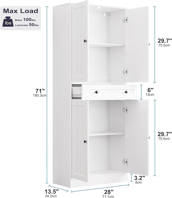 Furnify Kitchen Pantry Storage Cabinet, 71" H Farmhouse Pantry Cabinet with 4 Doors & Drawer, Freestanding Cupboard with Adjustable Shelves, Rustic Wood Cupboard for Kitchen, Dining Room, White