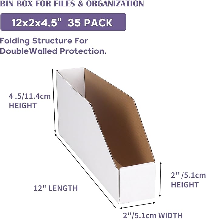EXYGLO Cardboard Boxes, Pack of 35 Corrugated Storage Bins 12x2x4.5 inch Pantry Organizer Bins for Shelves Garage Office Organization