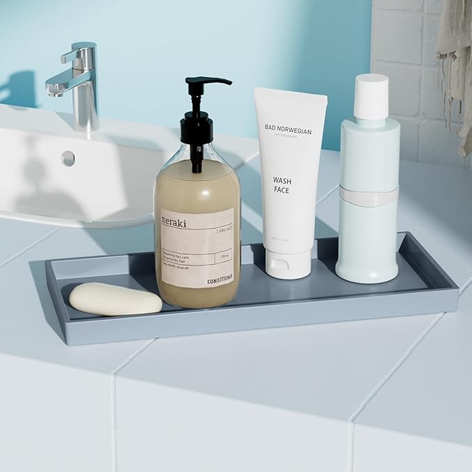 Mriluvy Vanity and Bathroom Tray, 11.8" ABS Countertop Organizer,Waterproof Vanity Tray for Toilet Tank,Perfume,Soap,Keys,Bathroom Accessories,Kitchen and Bath Trays,Non Slip Small Trays,Gray