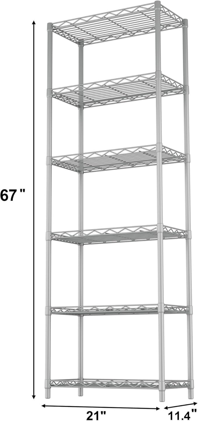 HOMEFORT 6-Tier Wire Shelving, 6 Shelves Unit Metal Storage Rack, Closet Shelves for Kitchen, Pantry, Closet, Bathroom, 14" D x 21" W x 75.6" H (Grey)
