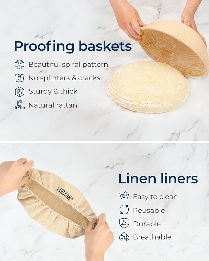 Lorzon Banneton Bread Proofing Basket Set, 10" Round Sourdough Proofing Basket with Sourdough Bread Baking Supplies, Bread Making Kit