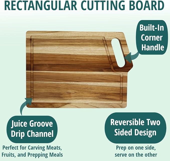 EcoDecors 18"x14" Extra Large Teak Cutting Board, Edge Grain Wood with Juice Groove & Handle, FSC Certified for Kitchen, Carving & Butcher Block Prep